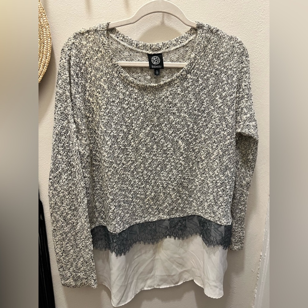 Grey and white lace knit blouse